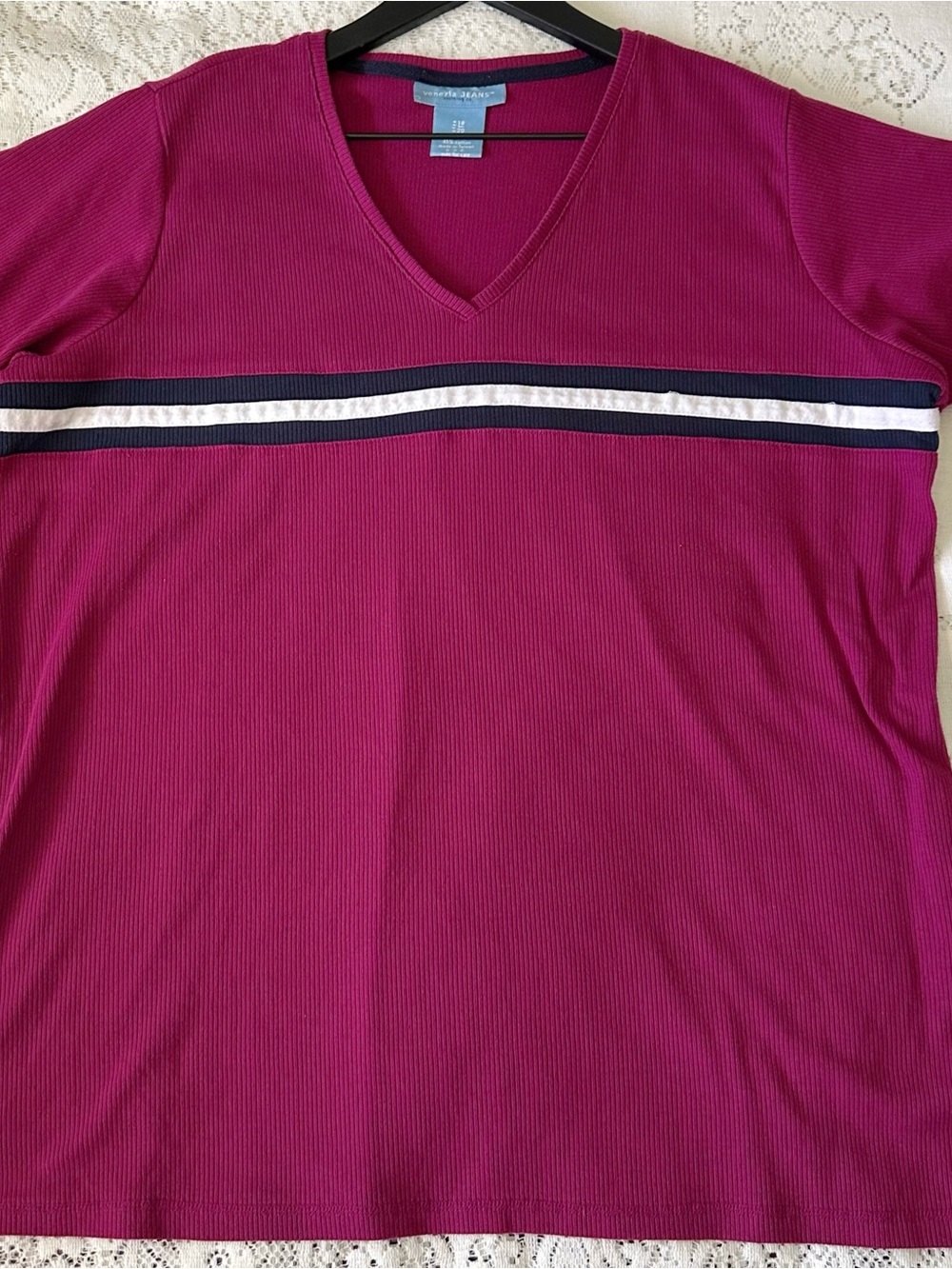 Y2K Size 18 Venezia Purple V-neck Tshirt Color Block Preppy Knit Ribbed VTG